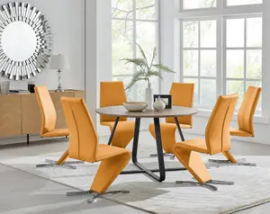 Furniturebox UK Santorini Brown Wood Effect Round Dining Table & 6 Mustard Willow Chairs