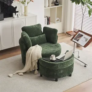 Chenille Swivel Armchair with 3 Back Cushion Pillow Ottoman Crescent Stool, Green