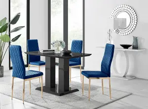 Furniturebox Imperia 4 Modern Black High Gloss Dining Table and 4 Navy Velvet Milan Gold Leg Chairs