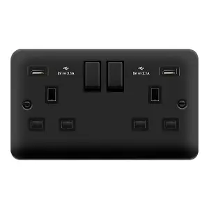 Curved Matt Black 2 Gang 13A DP Ingot 2 USB Twin Double Switched Plug Socket - Black Trim - SE Home