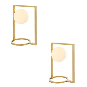 2 PACK Brushed Gold Table Lamp - Gloss Opal Glass Shade - Geometric Shape Design