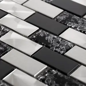 Luxury Textured Black Glass & Brushed Steel Mix Mosaic Wall Tiles Sheet 8mm