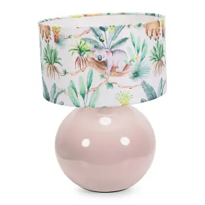 ValueLights Bosco Stone Natural Ceramic Table Lamp with Tropical Print Drum Shade