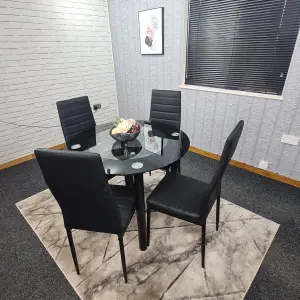 Round Glass Black Kitchen Dining Table With Storage Shelf And 4 Black Metal Chairs Set