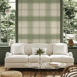 Belgravia Bramble Check Wallpaper Green Beige Checkered Pattern Wallpaper Rustic Modern- Living Room, Bedroom, Hallway Tartan-2305