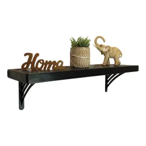 Solid Wood Handmade Rustical Shelf Black Ash 225mm 9 inch with Black Metal Bracket WAT Length of 220cm