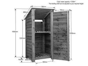 Wooden log store (roof sloping back), garden storage with shelf W-99cm, H-180cm, D-88cm - natural (light green) finish