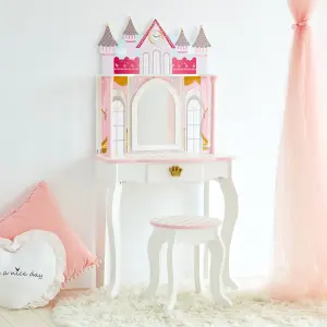 Teamson Kids Dressing Table, Play Vanity Set with Mirror & Stool, Dreamland Castle - White/Pink