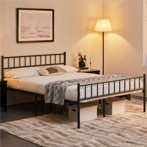 Minimalist Metal Bed Frame with Slatted Headboard Black / Double (4'6)