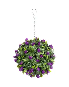 Best Artificial 24cm Purple Lush Tulip Hanging Basket Flower Topiary Ball - Suitable for Outdoor Use - Weather & Fade Resistant