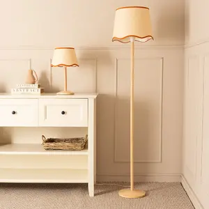 ValueLights Triston Natural Light Wood Stem Table Lamp with Scallop Rust Trim Tapered Lamp Shade and LED Bulb