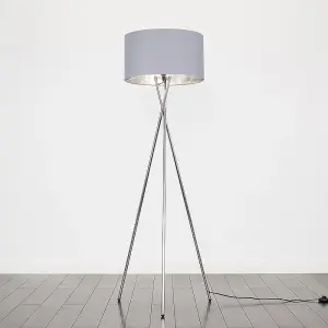 ValueLights Camden Polished Chrome Metal Tripod Floor Lamp with Grey & Chrome Cylinder Shade - Includes 6w LED Bulb 3000K