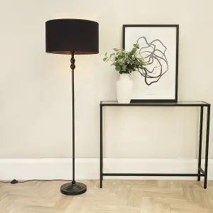 ValueLights Maggie Black Metal Candlestick Floor Lamp with Black Fabric Lamp Shade and LED Bulb