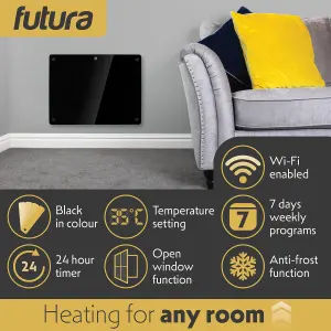 Futura Electric 1000W WIFI Glass Radiator Panel Heater Black Wall Mounted or Floor Standing Bathroom Safe, Timer and Thermostat