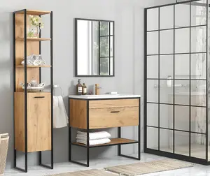 Tall Bathroom Cabinet Storage Unit Tallboy Black Steel Oak Finish Freestanding Loft Industrial Brook