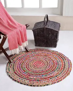 MISHRAN Round Jute Area Rug Hand Woven with Recycled Fabric 150 cm Diameter