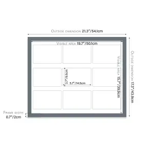 20x16 Inch 9 Opening Photo Collage Frame, Display Nine 6x4 Inch Photos, Multi Aperture Family Picture Frame, Grey