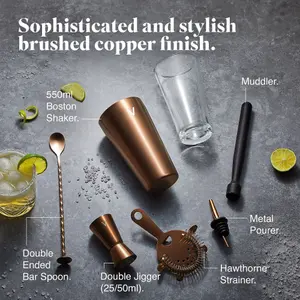 VonShef Cocktail Shaker Set Brushed Copper, 550ml Boston Shaker 6pc Home Bar, Bartender Set - Strainer, Muddler, Jigger & Gift Box