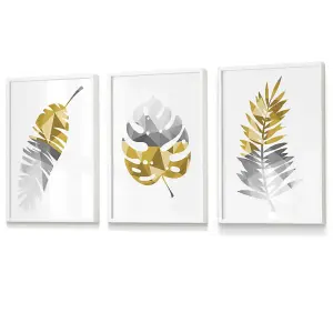 Set of 3 Geometric Tropical Leaves In Yellow Grey Wall Art Prints / 30x42cm (A3) / White Frame