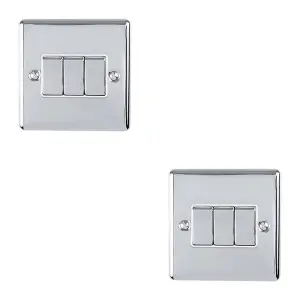 2 PACK 3 Gang Triple Metal Light Switch POLISHED CHROME 2 Way 10A White Trim