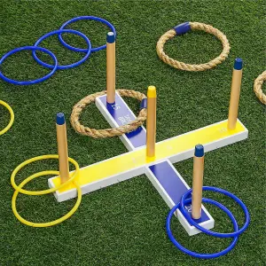 Quoits Garden Game Set with Wooden Ring Toss 5 Rope Rings, 10 Plastic Rings & Carry Bag Fun for Family, Kids, and Adults