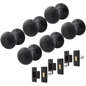 AFIT Beehive Reeded Black Door Knob Set - 3 Pairs of Matt Black Mortice Knobs (55mm) & Latch (76mm) for Internal Doors