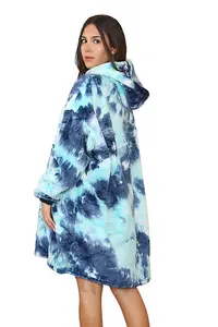 MS9 Women's Oversized Hoodie Wearable Blanket Hoodie Top With Sherpa Lining Green and Blue