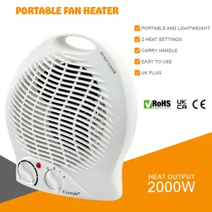 2KW Portable Fan Heater  Silent 2000W Electric, Hot & Cold Air, Upright Design (White)