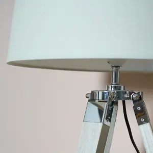 ValueLights Clipper Modern Distressed Wood and Silver Chrome Tripod Table Lamp with Beige Light Shade