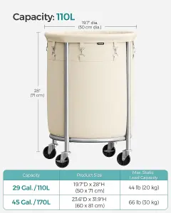 SONGMICS Laundry Basket on Wheels, Laundry Trolley, Round Laundry Hamper with Steel Frame and Removable Bag, Cream and Silver