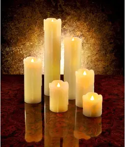 6 x Cream Real Wax Led Pillar Candles - Battery Powered Faux Flickering Light Home Decorations - H5-23cm