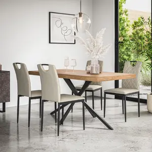 Donni Dining Table And Chairs -  Oak Effect Table Top w Black Legs + Monza Linen Dining Chair Set Of 6 (Beige)