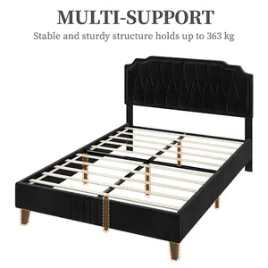 Yaheetech Black 4ft6 Double Upholstered Bed Frame with Button-Tufted Adjustable Headboard and Wooden Slat Support