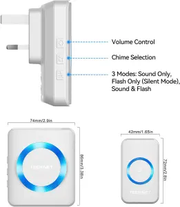 TECKNET Twin Wireless Doorbell, IP65 Waterproof Plug-in Cordless Door Chime Kit,400m Range, 60 Chimes