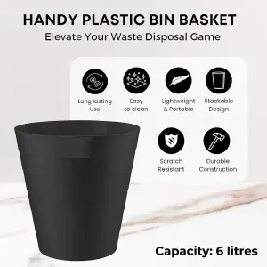 MantraRaj Black Plastic Waste Paper Bin 6L Round Waste Basket Trash Can Lightweight Rubbish Bin Open-Top Design