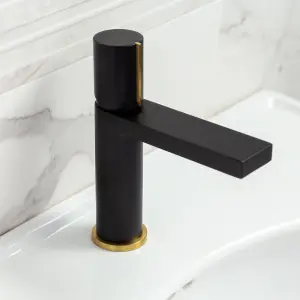 Enzo Black & Gold Round Deck-mounted Basin Mono Mixer Tap