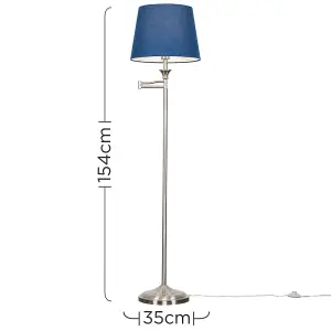 ValueLights Sinatra Adjustable Swing Arm Floor Lamp In Brushed Chrome Finish with Blue Tapered Light Shade with LED GLS Bulb