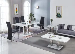 Modernique White MDF Marble Effect Dining Table with 4 Black Faux Leather Chairs