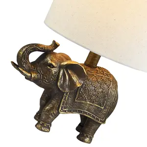 Antique Gold Vintage Elephant Resin Lamp with Off-White Oatmeal Linen Shade