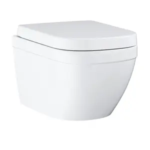 Grohe Euro Even Alpine White Wall hung Oval Toilet with Soft close seat & Concealed cistern & plate kit