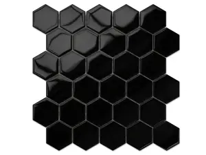 Hexagon glass mosaic on mesh for bathroom or kitchen 247mm x 255mm - Liquid black