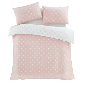 Catherine Lansfield Brushed Polka Dot Cotton Reversible Double Duvet Cover Set with Pillowcases Pink