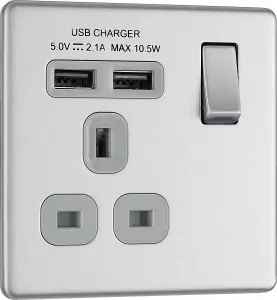 BG Electrical FBS21U2G Nexus Screwless Flat-Plate Single Switched Plug Socket Brushed Steel Grey Insert 2 USB 2.1A