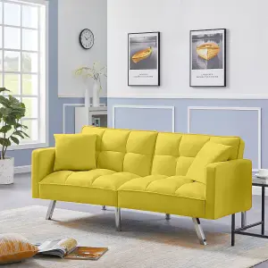 Sofa Bed 2 Seater Yellow Velvet Click Clack Sofa Settee Recliner Couch with Metal Legs with 2 Pillows