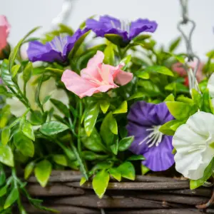 Artificial Petunia Flowers Rattan Hanging Basket Decoration Pink Purple & White 25cm