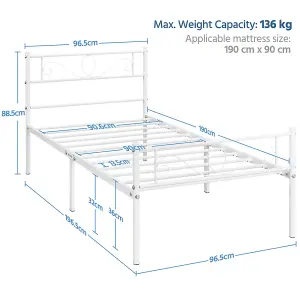 Yaheetech White 3ft Single Metal Bed Frame with Scroll Design Headboard and Footboard