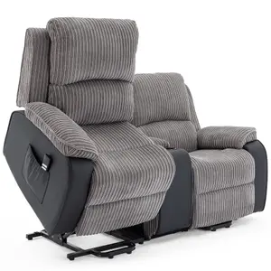 Postana Dual Motor Rise Recliner 2 Seater Jumbo Cord Drinks Console Mobility Sofa (Grey)