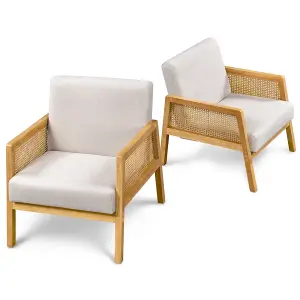 Yaheetech Beige Fabric Upholstered Accent Chair with Rattan Sides and Rubberwood Legs