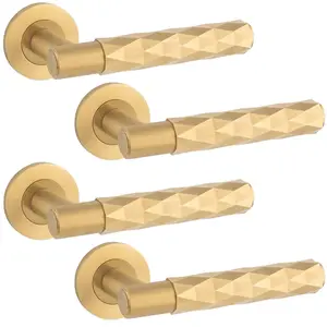 4 PACK - PAIR Diamond Lever on Round Rose Door Handle - Satin Brass Concealed Screw