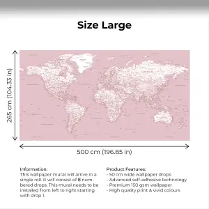 Pink World Map Wallpaper Mural - Peel & Stick Wallpaper - Size Large (500 x 265 cm)